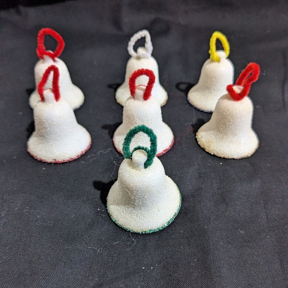 7 Flocked Sugar Bells Glitter Trim Ball  Clappers Plastic Tree Ornaments